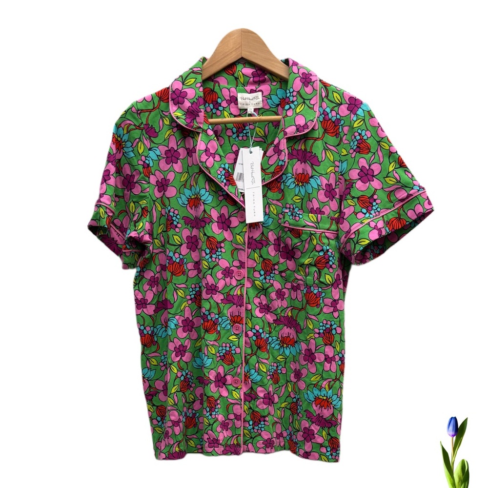 BedHead Pjs Trina Turk Vibrant Floral Pajama Top - Green and Pink Size M